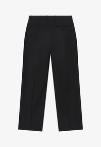 Pantalones negros con un diseño de pierna recta, que presentan una tela lisa, dos bolsillos traseros y una cintura con pasadores para cinturón.