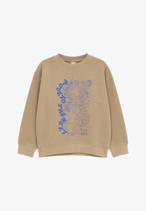 Smėlio spalvos megztinis su apvalia iškirpte, mėlynu abstrakčiu banguotu linijų dizainu ir stilizuotu tekstu priekyje.