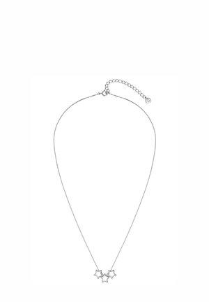 Silberne Halskette mit drei sternförmigen Anhängern, versehen mit einer zarten Kette und einem verstellbaren Verschluss mit einer kleinen, runden Marke.