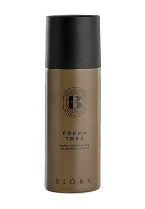 Brun tørshampoo sprayflaske med sort låg, mærket "Forma Torr" og "Bjork" med sort tekst på en brun cylindrisk beholder.
