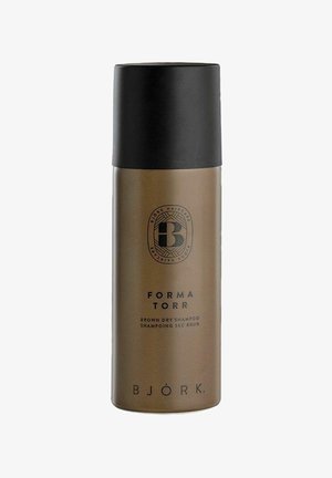 Brun tørshampoo sprayflaske med sort låg, mærket "Forma Torr" og "Bjork" med sort tekst på en brun cylindrisk beholder.