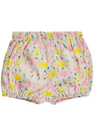 Shorts à motif floral réalisés en tissu léger, présentant un motif de fleurs roses et jaunes sur un fond clair avec une taille élastique.