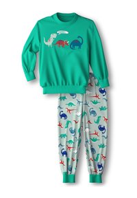 Groene sweatshirt met lange mouwen, bedrukt met een dinosaurus en de tekst "ROAR!", gecombineerd met grijze broek met een gemêleerd dinosauruspatroon. Elastische manchetten.