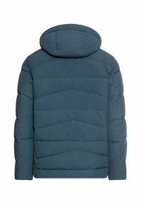 Gefütterte Jacke in dunklem Teal mit Kapuze, featuring diagonalen Steppmustern und elastischen Bündchen. Glattes, wasserabweisendes Material.