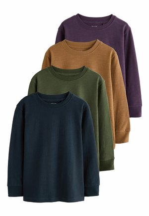 Four long-sleeve crewneck sweatshirts stacked, colors from front to back: navy blue, olive green, brown, and dark purple.