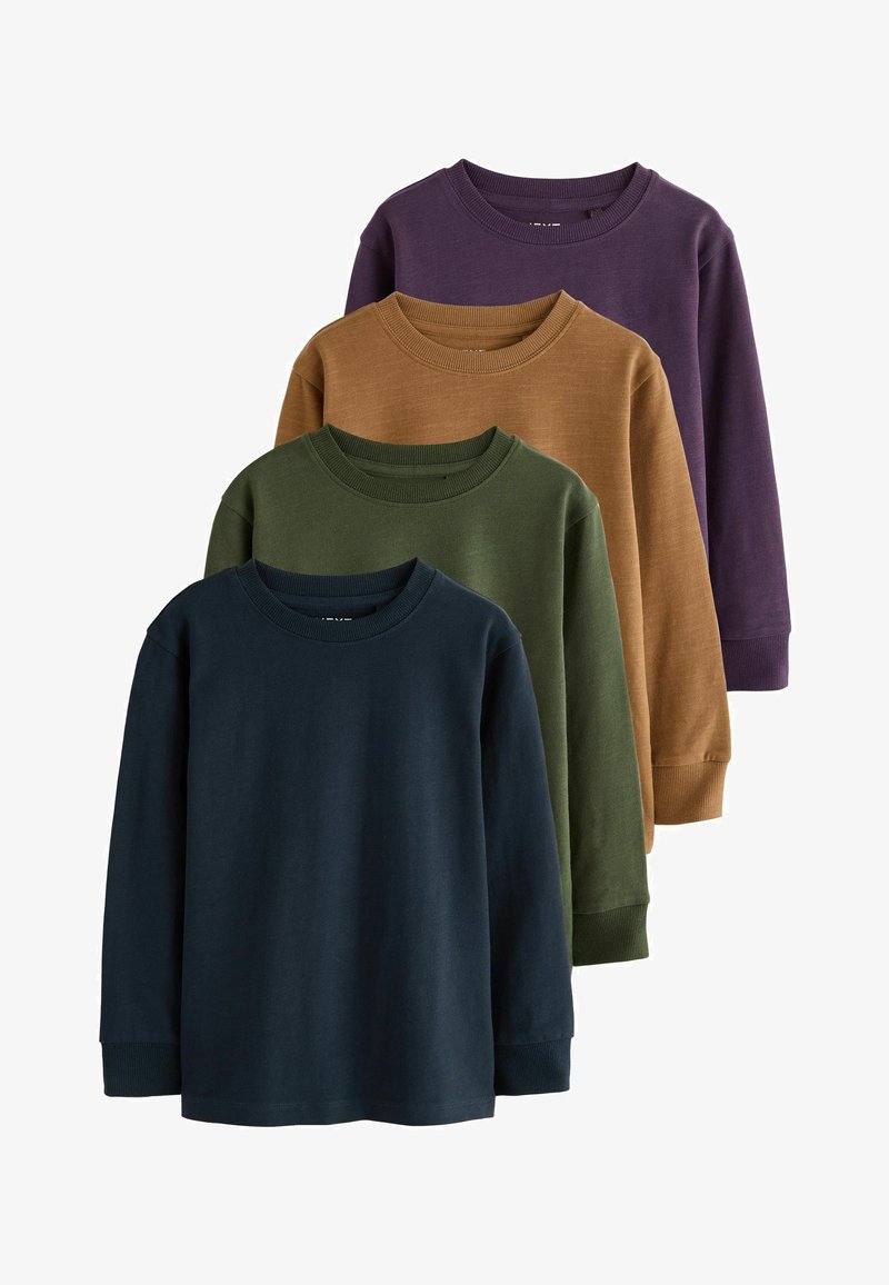 Patru hanorace cu mânecă lungă și guler rotund, așezate unele peste altele, culorile de la față la spate: albastru marin, verde măsliniu, maro și violet închis.