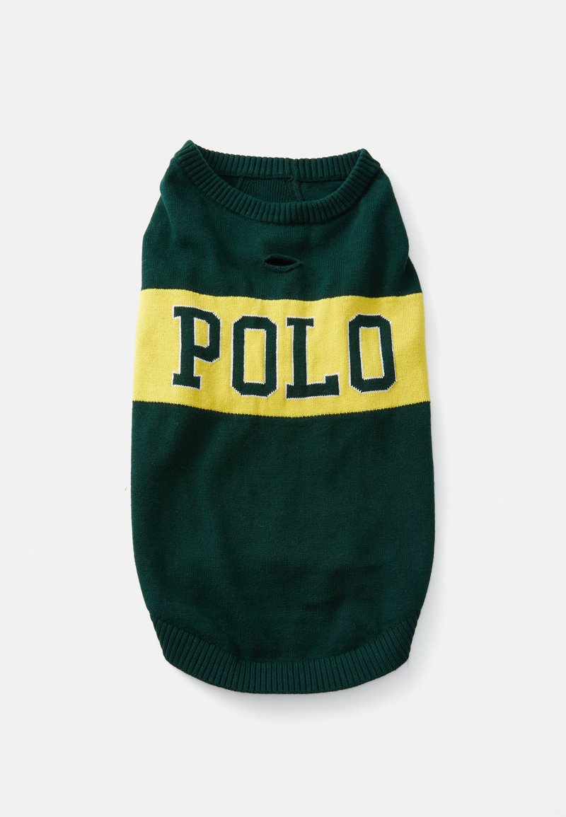 Zeleni pleteni pulover za hišne ljubljenčke z rumenim črtom in napisom "POLO". Ima okrogel izrez in reberčaste manšete. Vidna je majhna luknja.