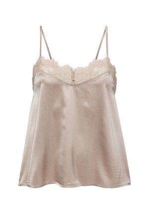 Satijnen camisole in licht beige met een kanten zoom bij de halslijn en verstelbare spaghettibandjes. Vloeiende pasvorm met een knoopdetail aan de voorkant.
