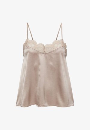 Satiniertes Camisole in Hellbeige mit Spitzenbesatz am Ausschnitt und verstellbaren Spaghettiträgern. Fließende Form mit einer Knopfverzierung vorne.