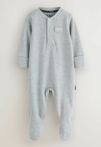 Grauer Baumwoll-Overall mit langen Ärmeln, Knopfverschluss am Hals, Füßedesign und einem kleinen "BAKER"-Etikett an der Seite.