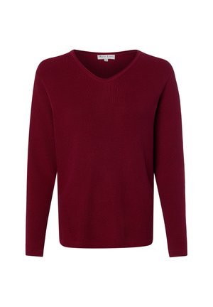 Pull en maille bordeaux à manches longues avec col en V et texture côtelée, présenté sur fond blanc.