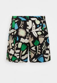 Pantaloni corti neri con un motivo botanico colorato con elementi verdi, blu, beige e bianchi. Design strutturato con pieghe frontali e chiusura con bottone.