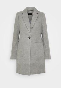 Abrigo de mezcla de lana gris claro con solapa con muesca, cierre de un botón y dos bolsillos delanteros. Textura suave y forma ajustada.