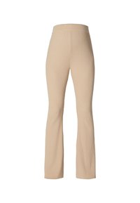 Beige, gerippte Schlaghosen mit hohem Bund, die ein strukturiertes Strickmuster aufweisen und eine entspannte Passform über die Beine haben.