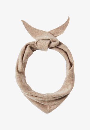 Écharpe en tissu beige clair avec un design noué et des extrémités pointues. La texture paraît douce et confortable, adaptée à une tenue décontractée ou élégante.