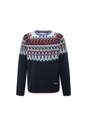 Marineblå sweater med røde, hvide og blå geometriske mønstre tværs over brystet og skuldrene, ribbede manchetter og rund halsudskæring.