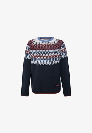 Maglione blu navy con motivi geometrici rossi, bianchi e blu sul petto e sulle spalle, polsini a coste e scollo rotondo.