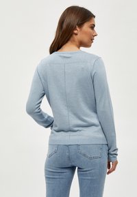 Maglione azzurro chiaro con maniche lunghe, polsini e orlo a coste, con dettaglio di cucitura sul retro. Il materiale sembra morbido e lavorato a maglia.