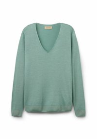 Jasnozielony sweter w serek, wykonany z miękkiego materiału, z długimi rękawami oraz ściągaczami przy mankietach i u dołu. Prosty, minimalistyczny design.