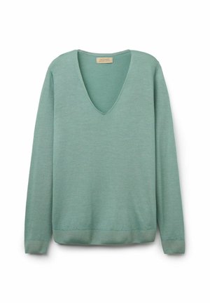 Lys grøn v-hals sweater lavet af blødt materiale, med lange ærmer og ribbede manchetter og kant. Enkel, minimalistisk design.