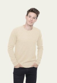 Pull crème avec un col ras du cou, des manches longues et une texture douce, associé à un jean foncé. Design soigné et décontracté.