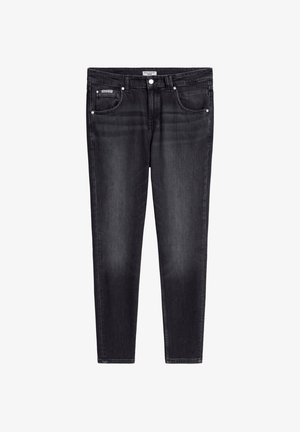 Schwarze Jeans aus Denim mit geradem Schnitt, fünf Taschen und silbernen Beschlägen. Verfügt über eine weiche Textur und dezente Waschung an den Beinen.