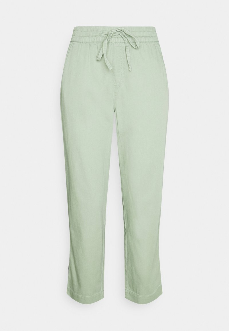 Pantalon décontracté vert clair avec une taille élastique et un cordon, jambes droites et coupe décontractée.