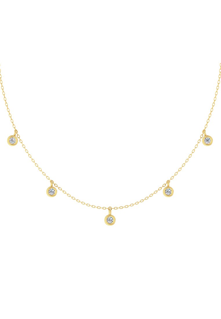 Zarte goldene Kettenhalskette mit fünf gleichmäßig verteilten kleinen runden Diamantanhängern entlang der Länge.