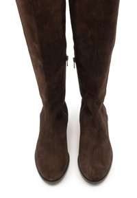 Stivali over-the-knee in camoscio marrone con una texture liscia, cerniere laterali e punte arrotondate. Il design è elegante e aderente.