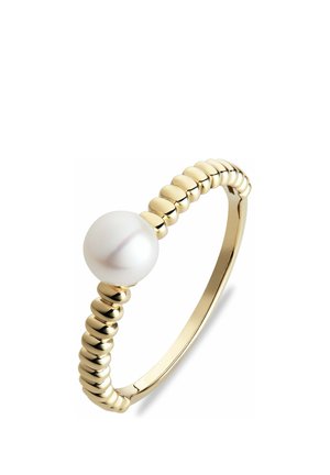 Gold ring with a textured band featuring a central white pearl. The band has a series of small, rounded segments.