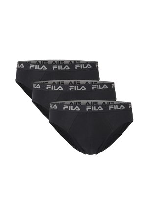 Tre slip da uomo neri con una fascia grigia che presenta il logo FILA bianco, disposti in una pila stratificata.