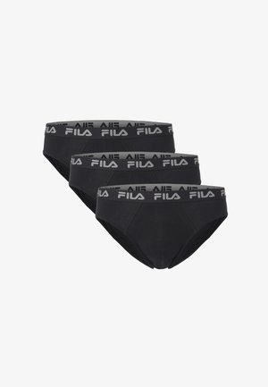 Tre slip da uomo neri con una fascia grigia che presenta il logo FILA bianco, disposti in una pila stratificata.