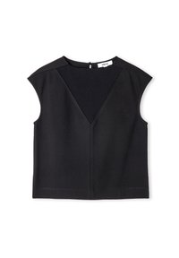 Schwarzes ärmelloses Top mit V-Ausschnitt, versehen mit geripptem Textur und dezenten Nähten, aus einem weichen Material gefertigt. Versteckter Reißverschluss am Rücken.