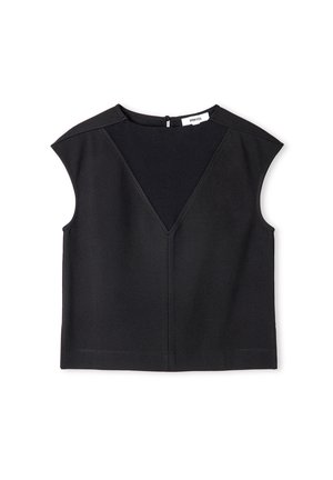 Černý bezrukávový top s designem ve tvaru V, s žebrovanou texturou a jemnými švy, vyrobený z měkkého materiálu. Skrytý zip na zadní straně.