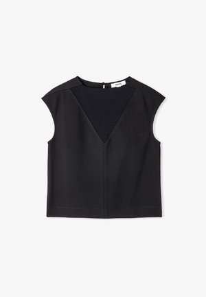 Black sleeveless top with a V-neck design, featuring ribbed texture and subtle seams, crafted from a soft material. Hidden zipper at the back.