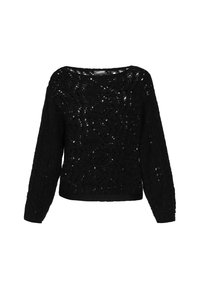 Schwarzer Strickpullover mit langen Ärmeln, der ein strukturiertes Muster und einen weiten Halsausschnitt aufweist, mit einem Spitzendesign.