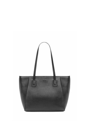 Czarna torebka typu tote z fakturowanej skóry, z dwoma długimi uchwytami i subtelnie wytłoczonym logo na środku przodu.