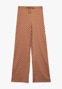 Braun gemusterte Schlaghose mit verstellbarem Bund. Der Stoff weist kleine weiße Blumenmuster in einem sich wiederholenden Rautenmuster auf.