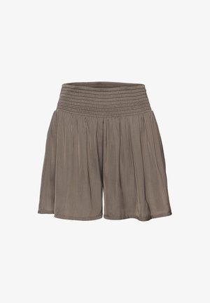 Valkoiset, kevyet shortsit, joissa on smokkivyötärö, pleated-muotoilu, joka tarjoaa rentoa istuvuutta ja pehmeän tekstuurin.