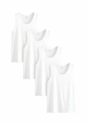 Four white cotton tank tops with a round neck and wide shoulder straps, displayed in a stack, featuring a smooth texture and simple design.