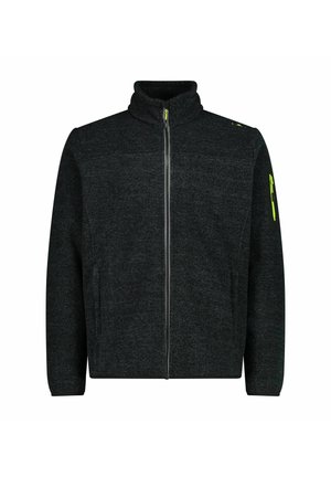 Chaqueta de forro polar gris oscuro con cremallera, cuello alto, tejido texturizado, bolsillos laterales y un detalle de cremallera verde en contraste.