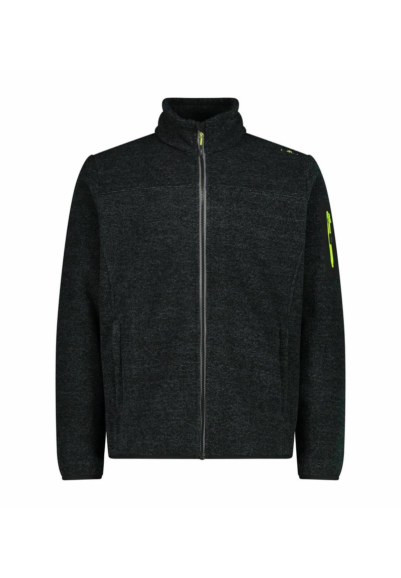 Dunkelgraue Fleecejacke mit Reißverschluss, hohem Kragen, strukturiertem Stoff, seitlichen Taschen und einem kontrastierenden grünen Reißverschlussdetails.