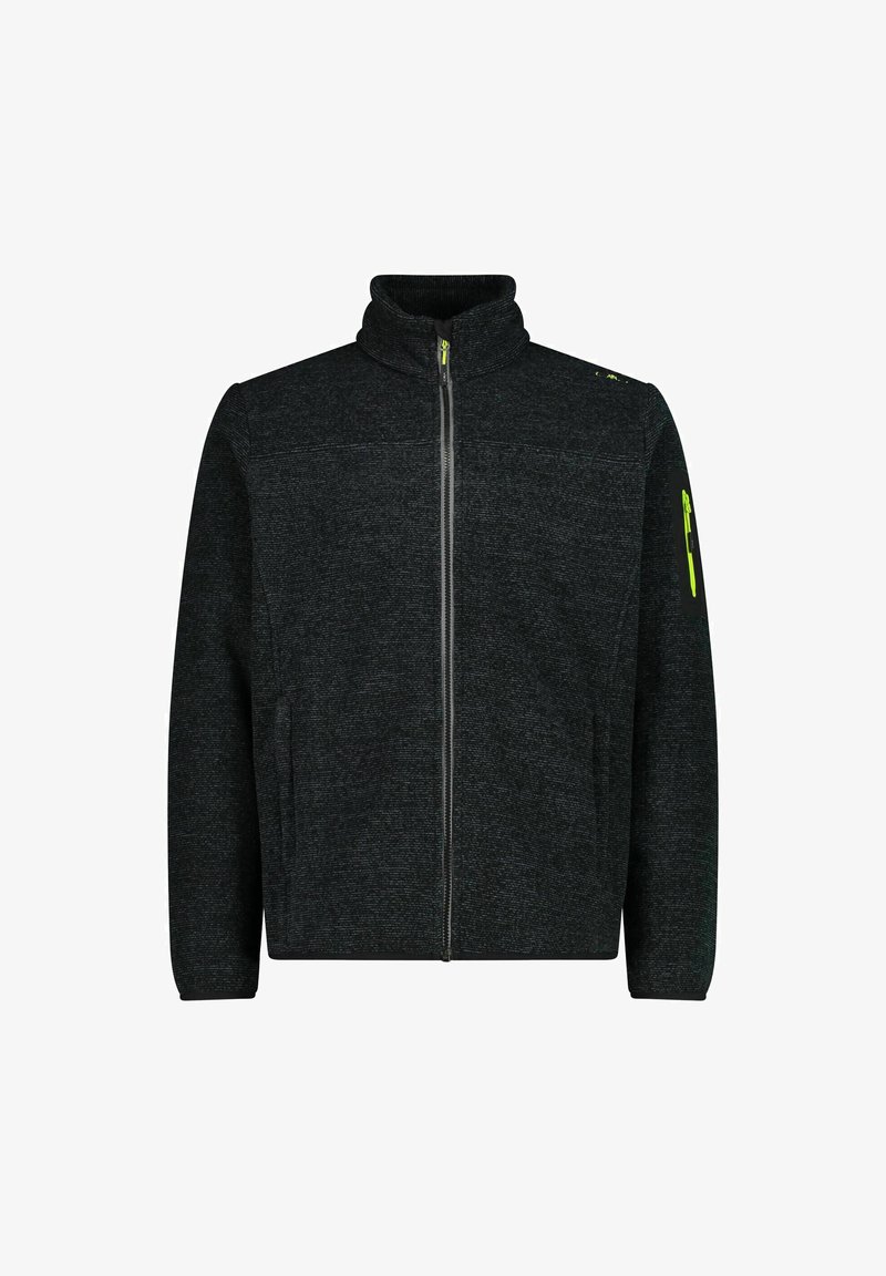 Dark gray zip-up fleece jacket with a high collar, textured fabric, side pockets, and a contrasting green zipper detail.