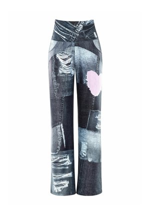 Denim pants featuring a patchwork design in dark blue, light blue, and gray with distressed details and a pink heart accent on the front.