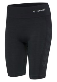 Shorts de sport noirs sans couture avec une taille haute et un motif chevron discret sur les côtés, avec un logo blanc « hummel » à l'avant.