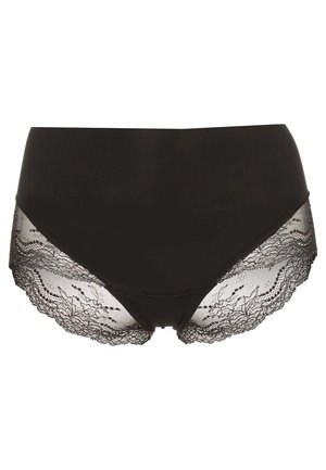 Black underwear with smooth, opaque fabric, featuring intricate lace trim along the legs, showing floral patterns and scalloped edges.