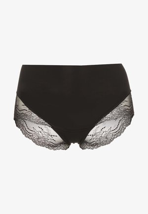 Sous-vêtements noirs en tissu lisse et opaque, dotés d'une dentelle complexe sur les jambes, présentant des motifs floraux et des bords festonnés.