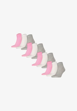 Sæt af ti ankelstrømper i pink, hvid og grå. Har ribbede toppe og en glat tekstur, med et logo på siden af hver strømpe.