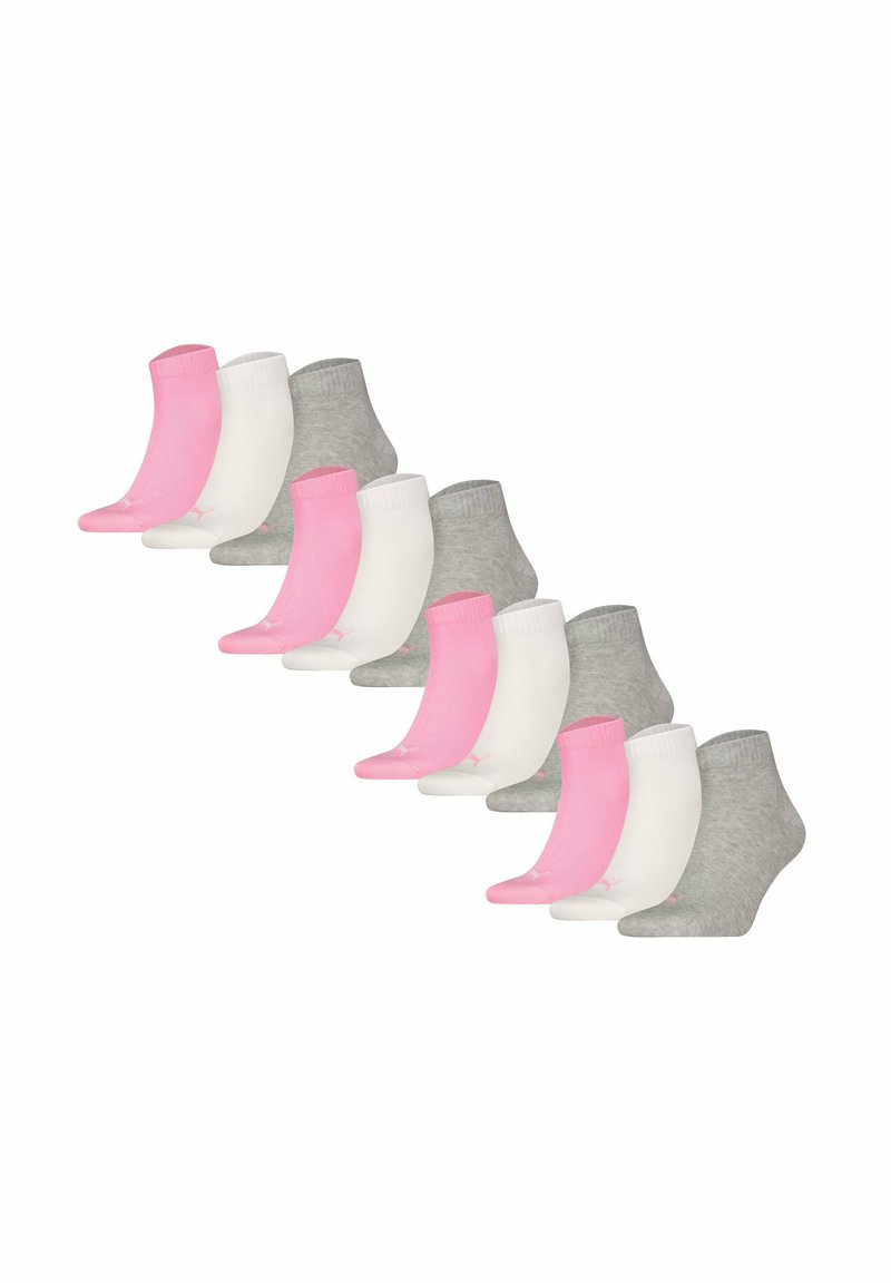 Set di dieci calzini alla caviglia in rosa, bianco e grigio. Presenta bordi rigati e una superficie liscia, con un logo sul lato di ciascun calzino.