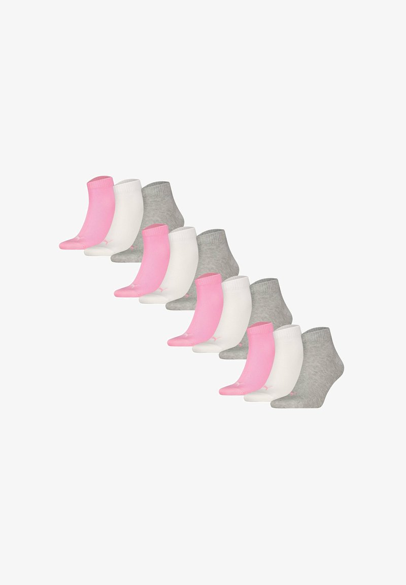 Zestaw dziesięciu skarpetek do kostek w kolorze różowym, białym i szarym. Posiadają ribbowane brzegi i gładką teksturę, z logo po boku każdej skarpetki.